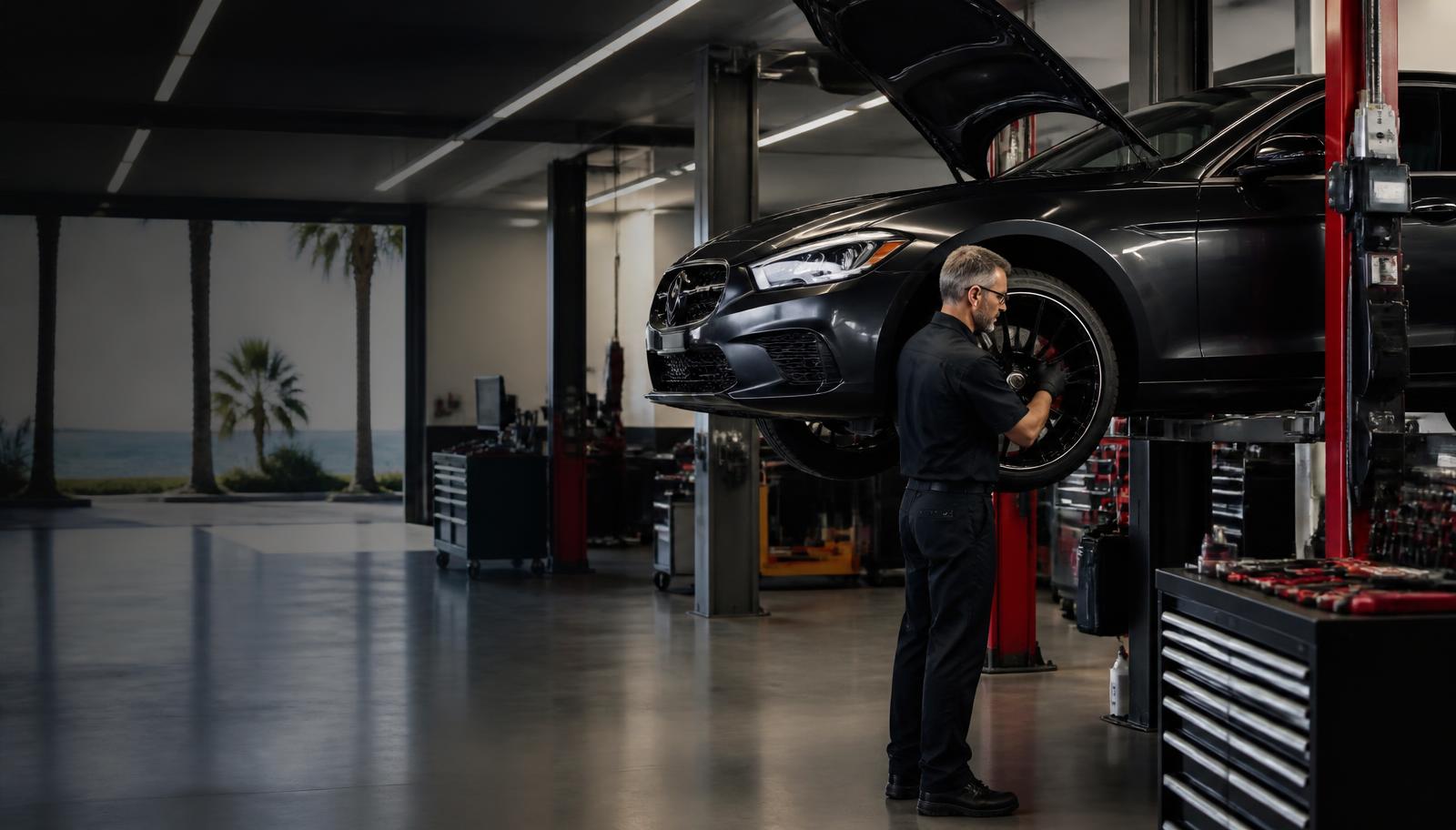 Technician servicing a performance sedan in the Coastal Auto shop